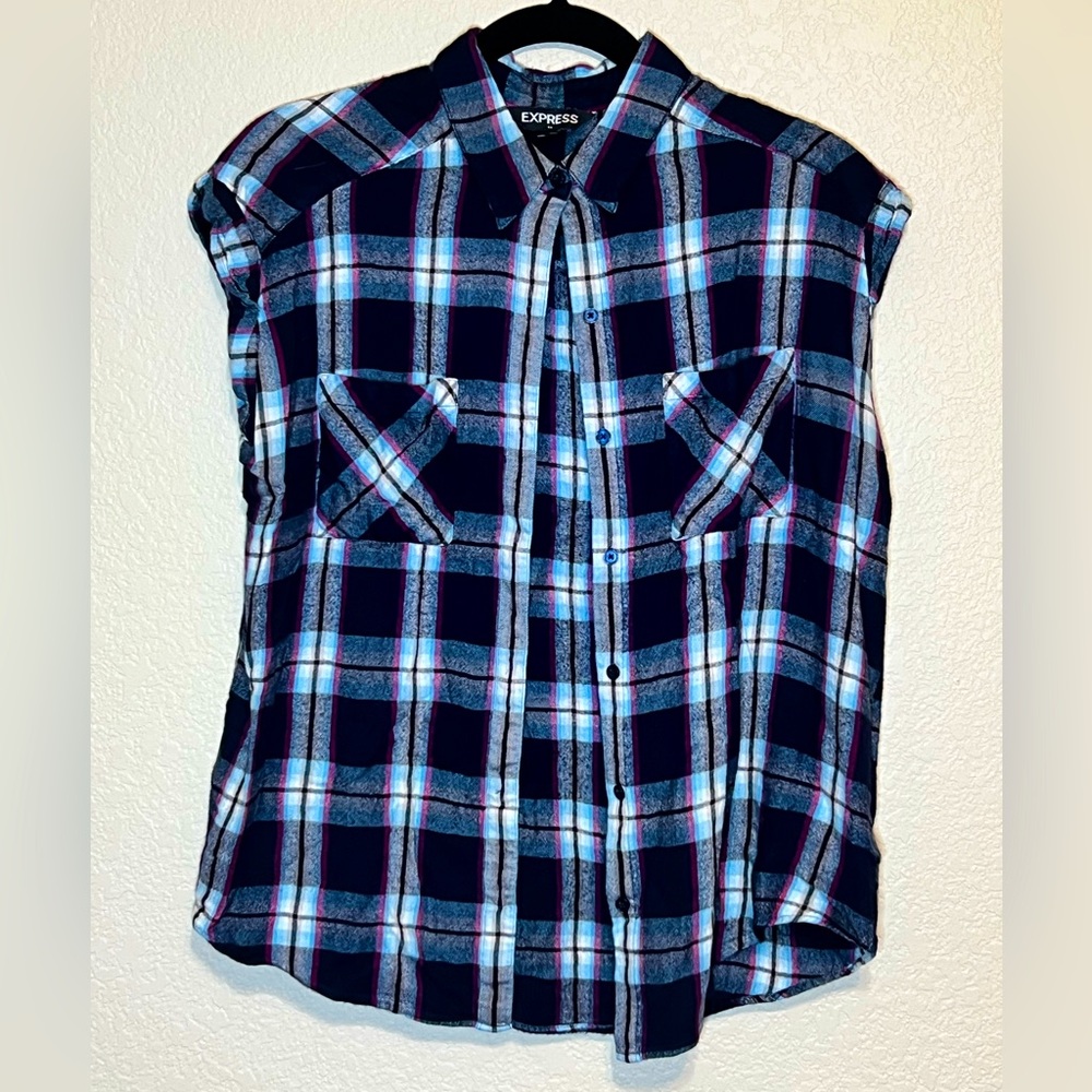 Express Plaid Cap-Sleeve Button Down